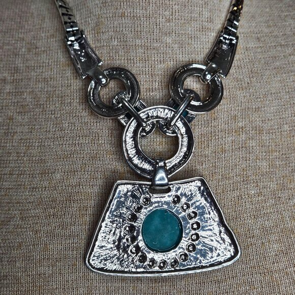 Navajo Style Statement Necklace Faux Turquoise Silvertone 20" Long Boho - Picture 6 of 7
